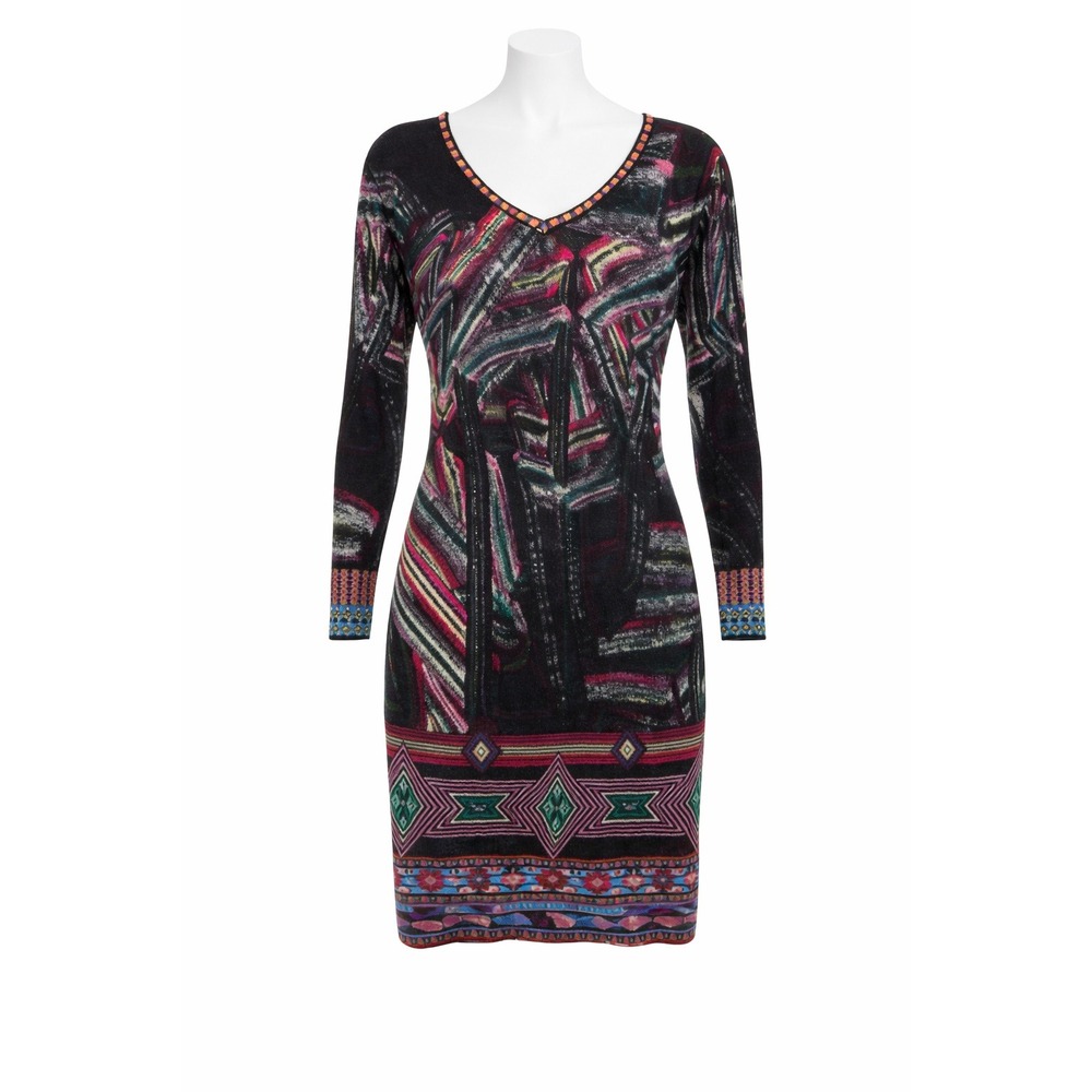 Custo Barcelona Womens Abstract Graphic Knit V-Neck Sheath‎ Dress Small Vintage